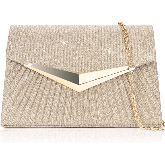 🆕Women Gold Clutch Purses Sparkling Envelope Evening Bag with Detachable Chain - Picture 1 of 7